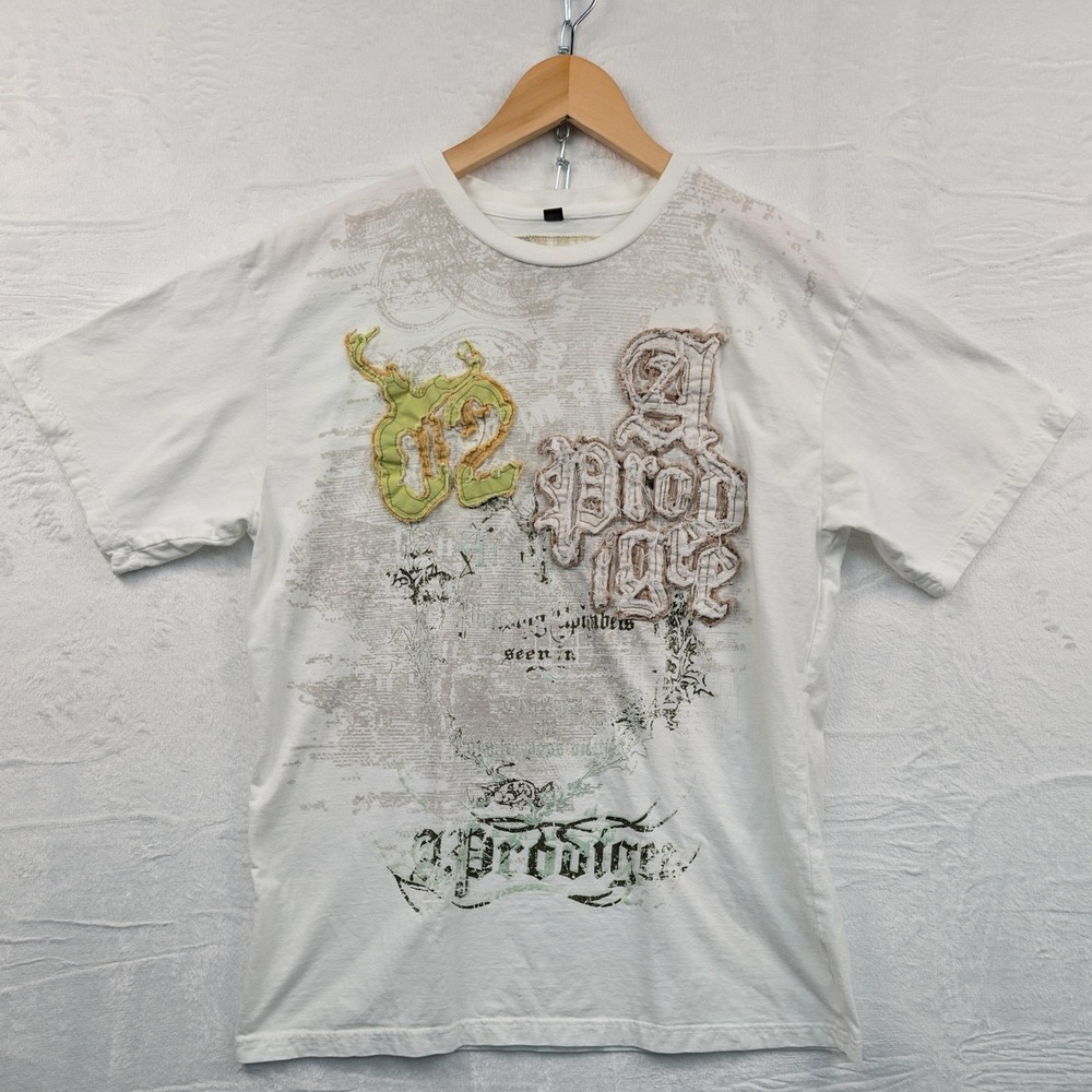 VTG A. Prodigee T-Shirt Mens XL White Graphic Script Cyber Grunge Mall Goth Y2K